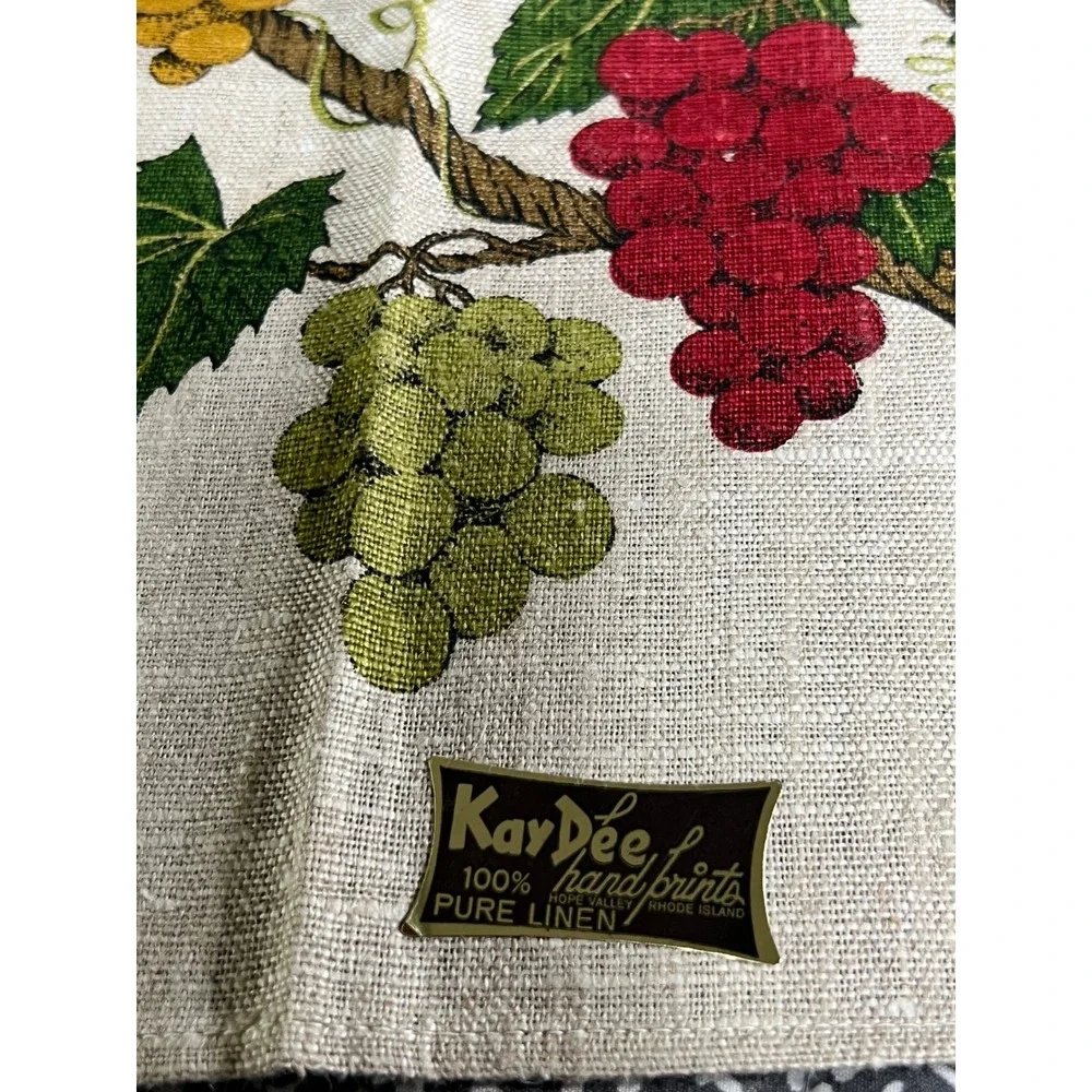 Vintage Kay Dee Hand Prints Pure Linen Tea Towel Lois Long Grape Arbor Design